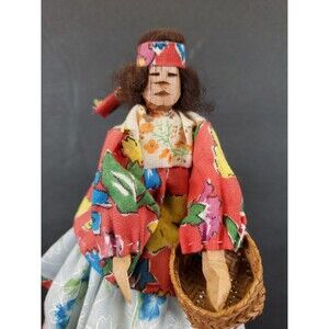 Hand-Carved Wooden Tarahumara Indian Doll w/ Basket 9″ × 3″ Folk Art